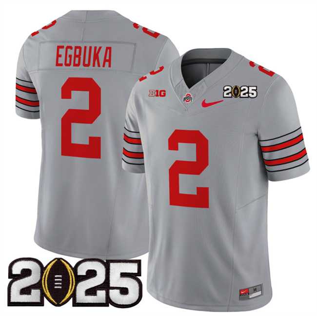 Men%27s Ohio State Buckeyes #2 Emeka Egbuka Grey 2025 CFP Final Patch F.U.S.E. Vapor Limited Stitched Football Jersey